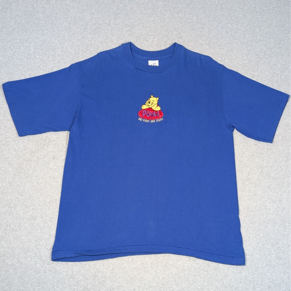 Vtg Disney Store Winnie The Pooh Shirt XL 'Oh Fluff and Stuff' Blue Embroidered